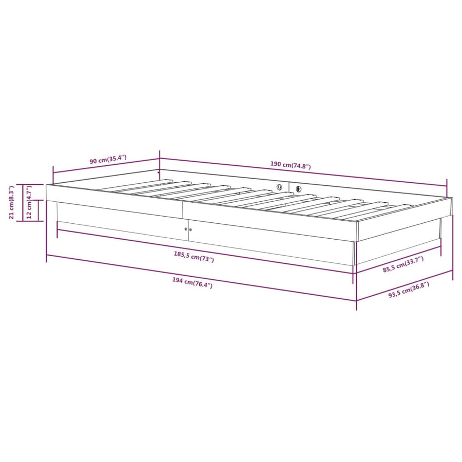 Bedframe massief hout wit 90x190 cm