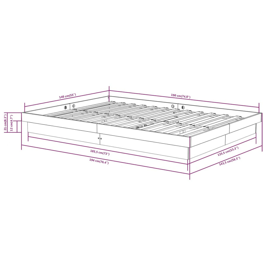Bedframe Massief Hout Zwart 140X190 Cm