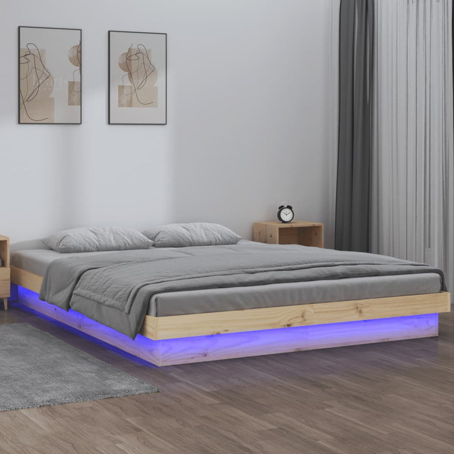 Bedframe Led Massief Hout Double 135 x 190 cm Naturel
