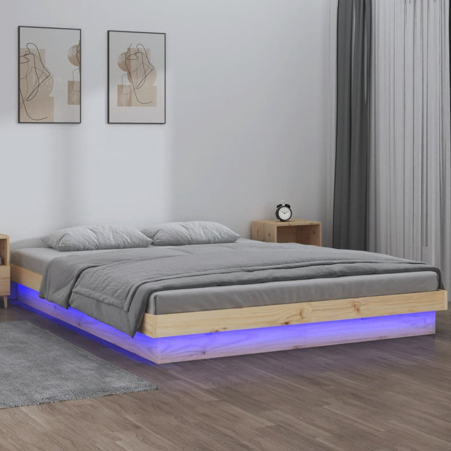 Bedframe Led Massief Hout 140 x 190 cm Naturel