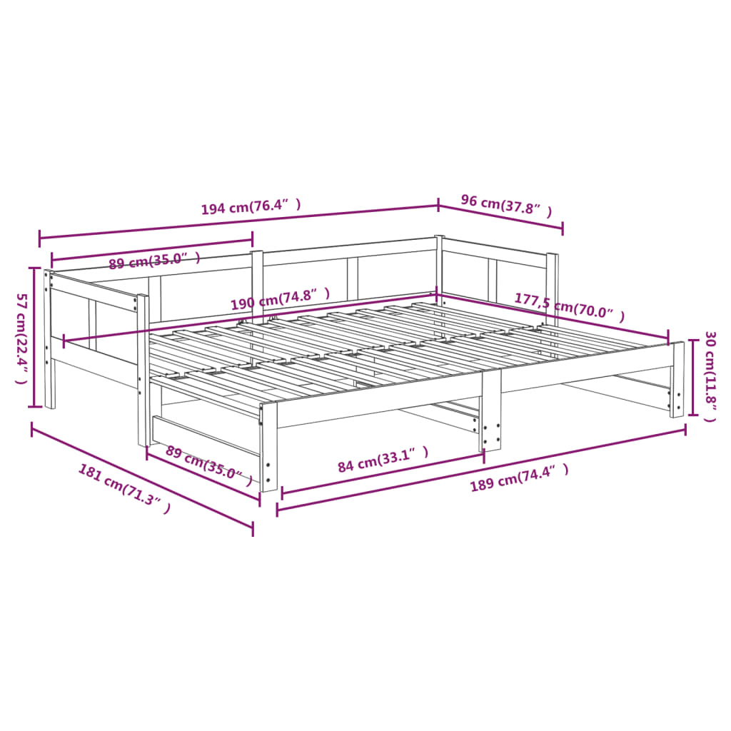 Slaapbank Uitschuifbaar Massief Grenenhout 2X(90X190) Cm 90 x 190 cm Naturel
