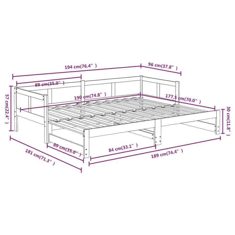 Slaapbank Uitschuifbaar Massief Grenenhout 2X(90X190) Cm 90 x 190 cm Naturel