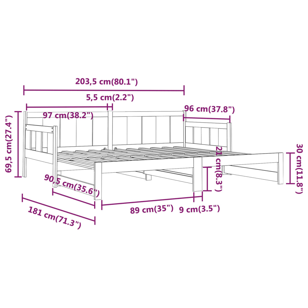 Slaapbank Uitschuifbaar Massief Grenenhout 2X(90X200) Cm