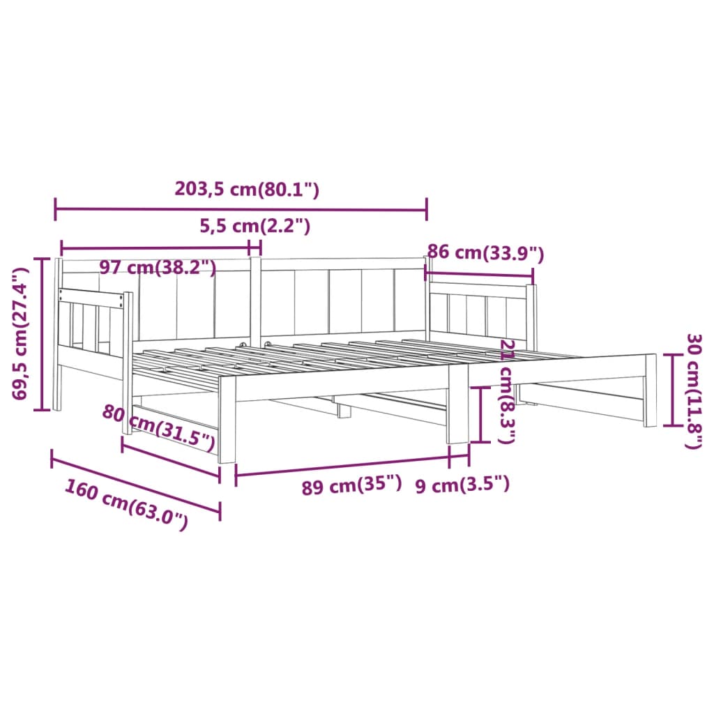 Slaapbank Uitschuifbaar Massief Grenenhout Zwart 2X(80X200) Cm