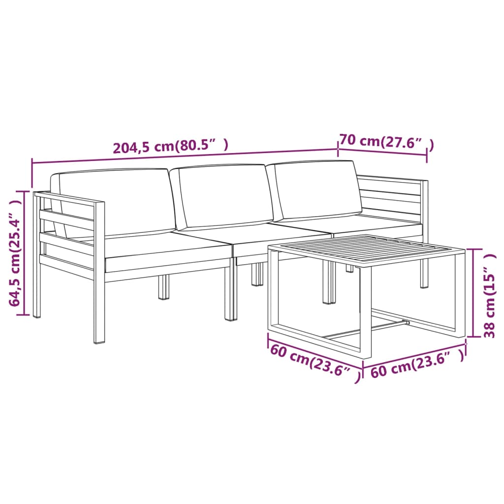 4-Delige Loungeset Met Kussens Aluminium Antracietkleurig 2x hoek + midden + Tafel