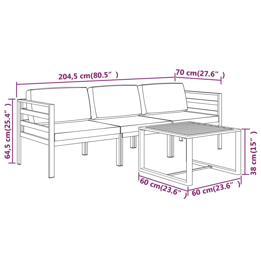 4-Delige Loungeset Met Kussens Aluminium Antracietkleurig 2x hoek + midden + Tafel