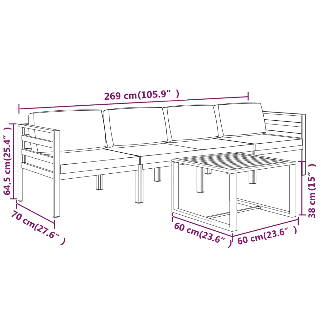 5-Delige Loungeset Met Kussens Aluminium Antracietkleurig 2x midden + 2x hoek + Tafel