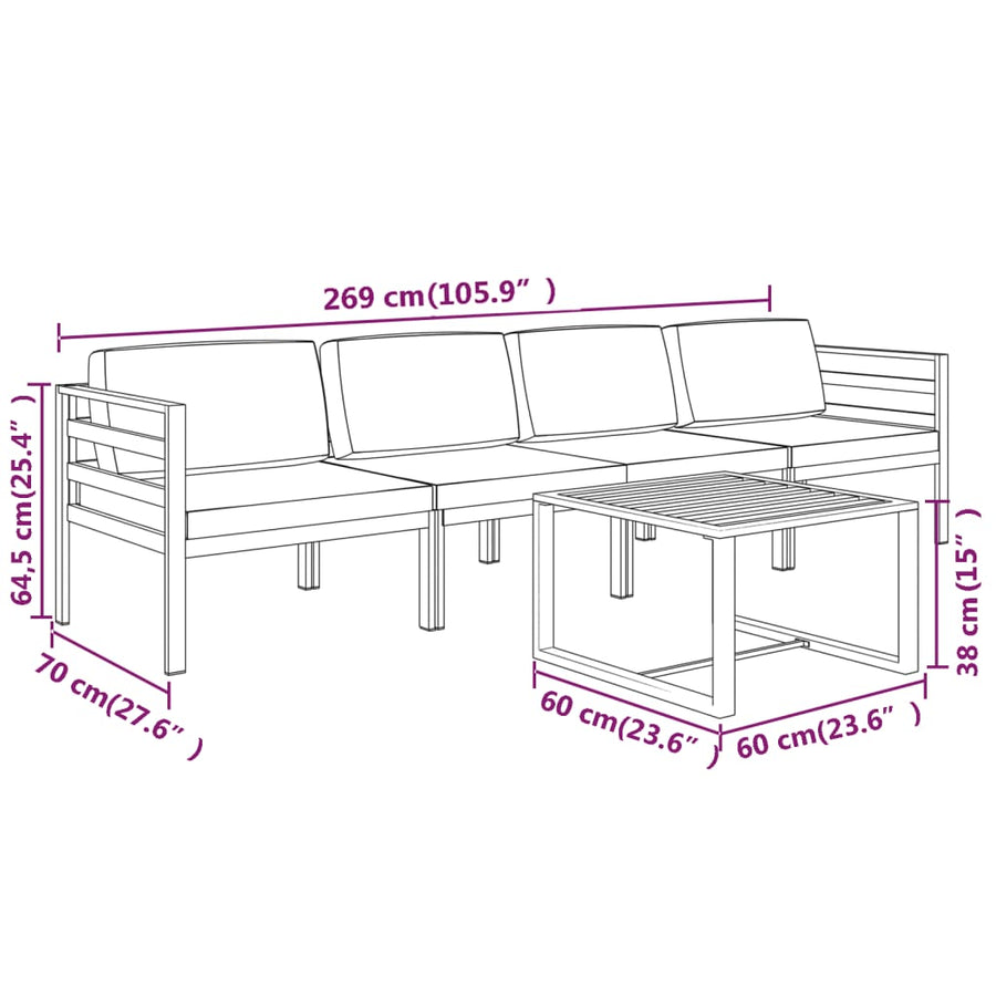 5-Delige Loungeset Met Kussens Aluminium Antracietkleurig 2x midden + 2x hoek + Tafel