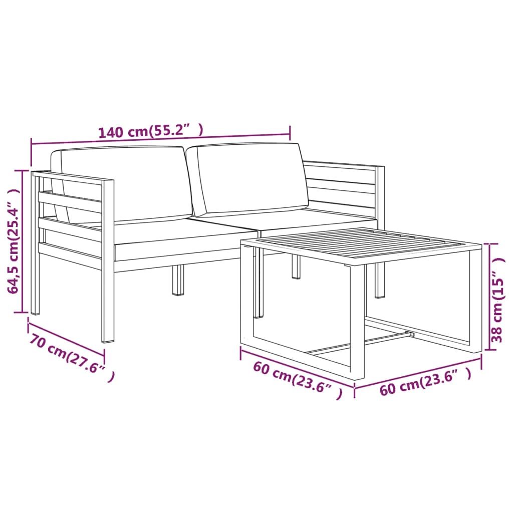 3-Delige Loungeset Met Kussens Aluminium Antracietkleurig 2x hoek + Tafel