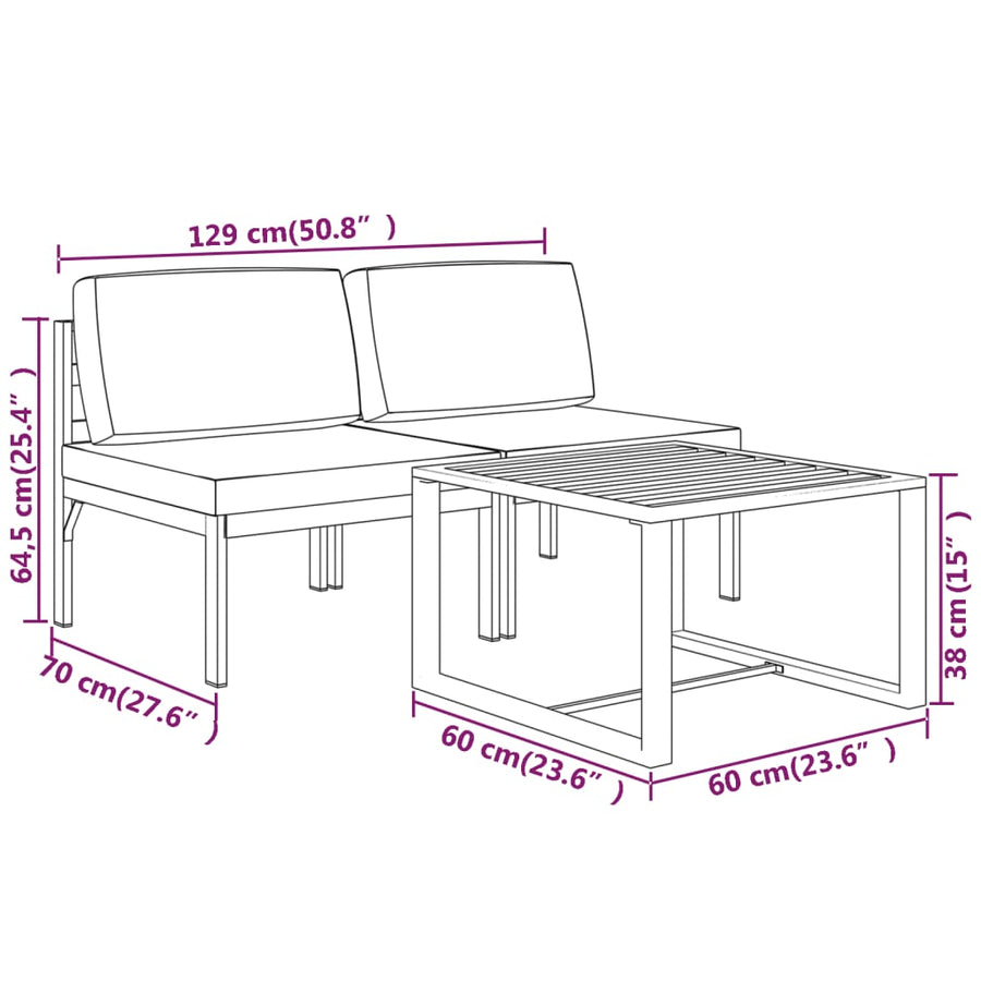 3-Delige Loungeset Met Kussens Aluminium Antracietkleurig 2x midden + Tafel