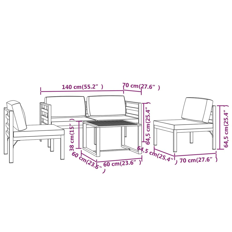 5-Delige Loungeset Met Kussens Aluminium Antracietkleurig 2x hoek + 2x midden + Tafel