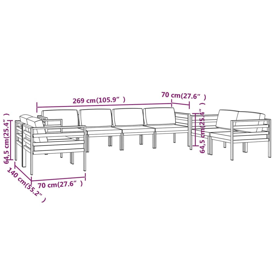 8-Delige Loungeset Met Kussens Aluminium Antracietkleurig 6x hoek + 2x midden