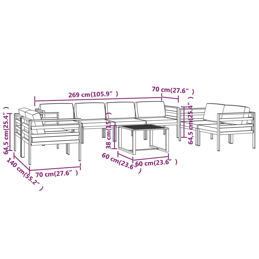 9-Delige Loungeset Met Kussens Aluminium Antracietkleurig 6x hoek + 2x midden + Tafel