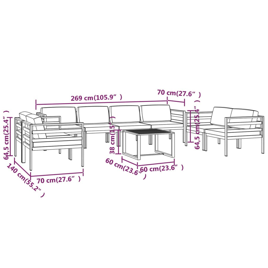 9-Delige Loungeset Met Kussens Aluminium Antracietkleurig 6x hoek + 2x midden + Tafel