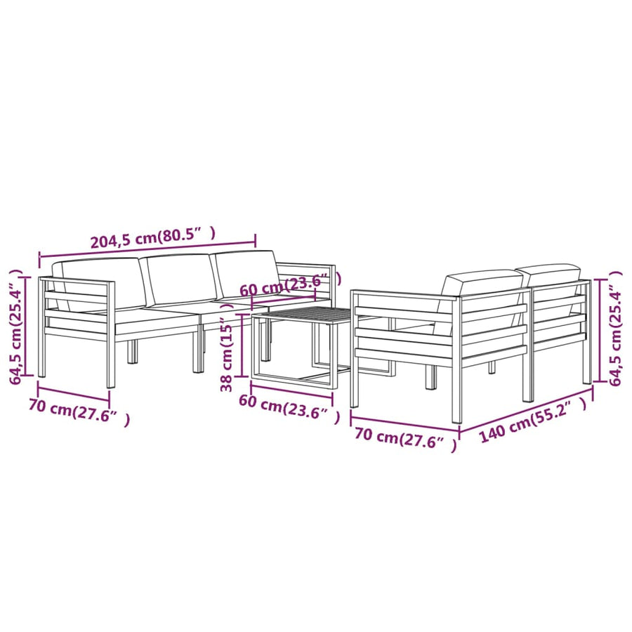 6-Delige Loungeset Met Kussens Aluminium Antracietkleurig 4x hoek + midden + Tafel