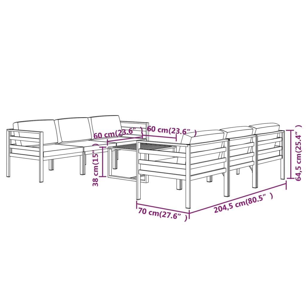 7-Delige Loungeset Met Kussens Aluminium Antracietkleurig 4x hoek + 2x midden + Tafel
