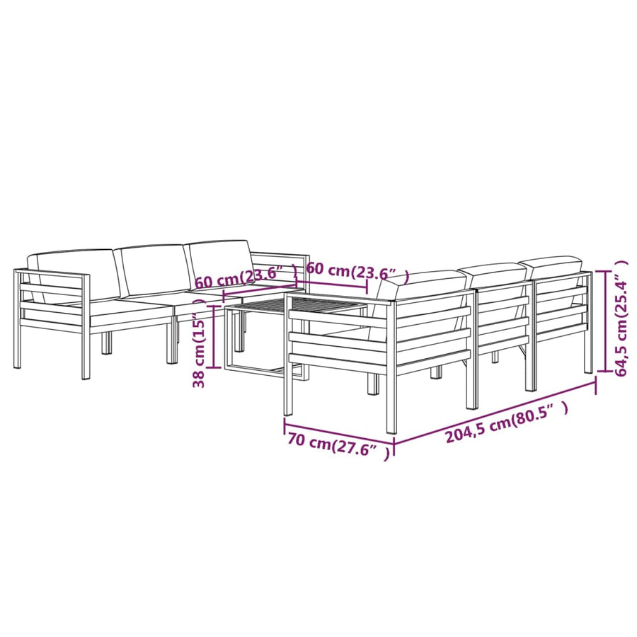 7-Delige Loungeset Met Kussens Aluminium Antracietkleurig 4x hoek + 2x midden + Tafel
