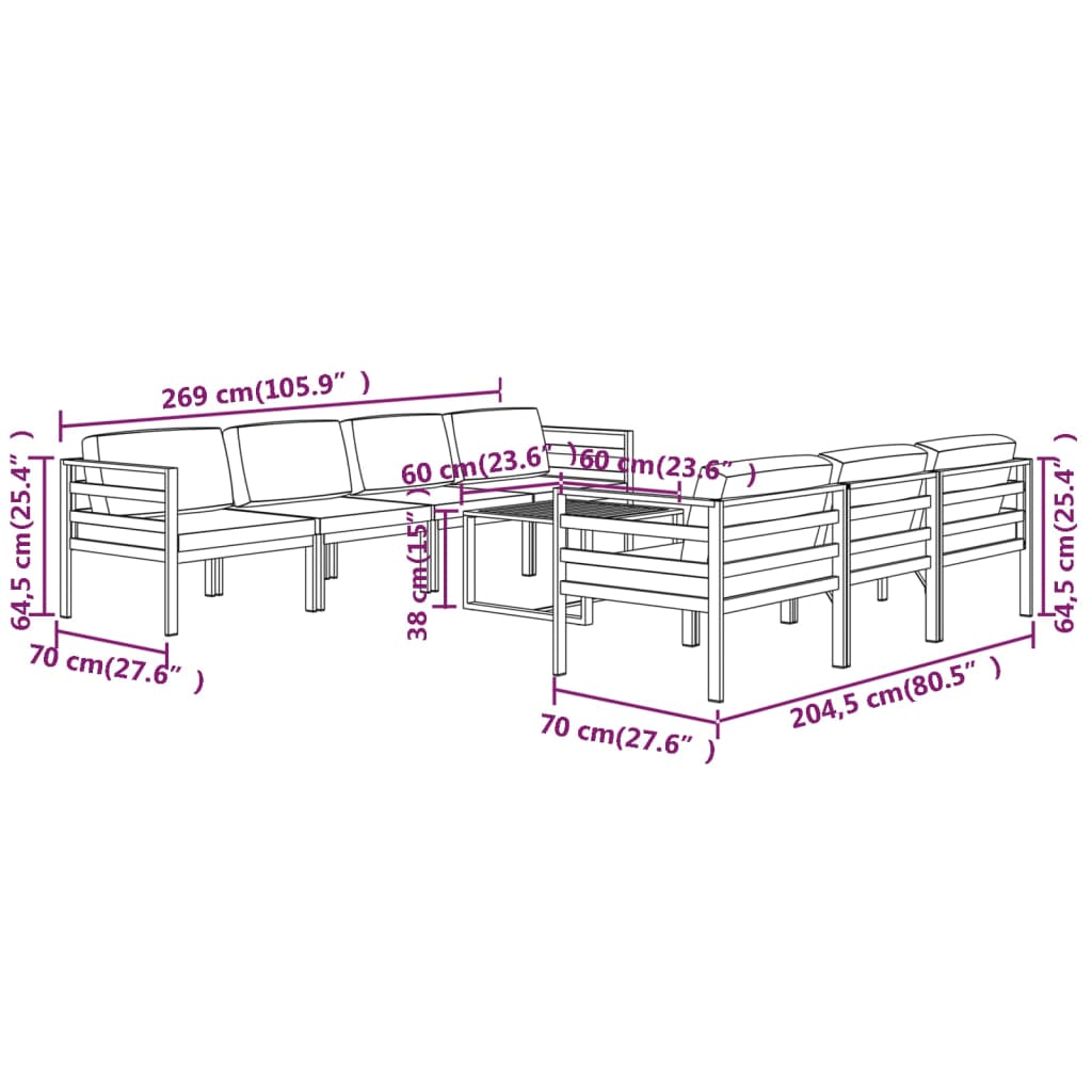 8-Delige Loungeset Met Kussens Aluminium Antracietkleurig 4x hoek + 3x midden + Tafel