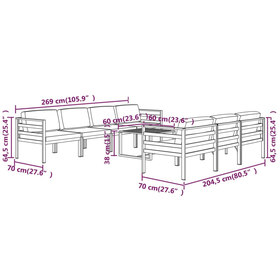 8-Delige Loungeset Met Kussens Aluminium Antracietkleurig 4x hoek + 3x midden + Tafel
