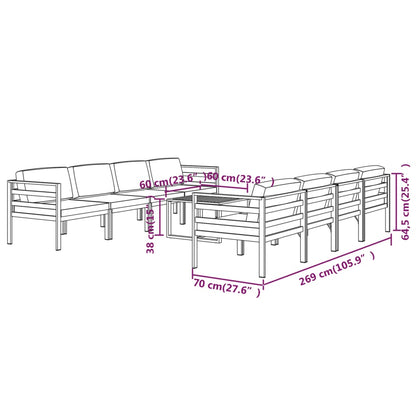9-Delige Loungeset Met Kussens Aluminium Antracietkleurig 4x hoek + 4x midden + Tafel