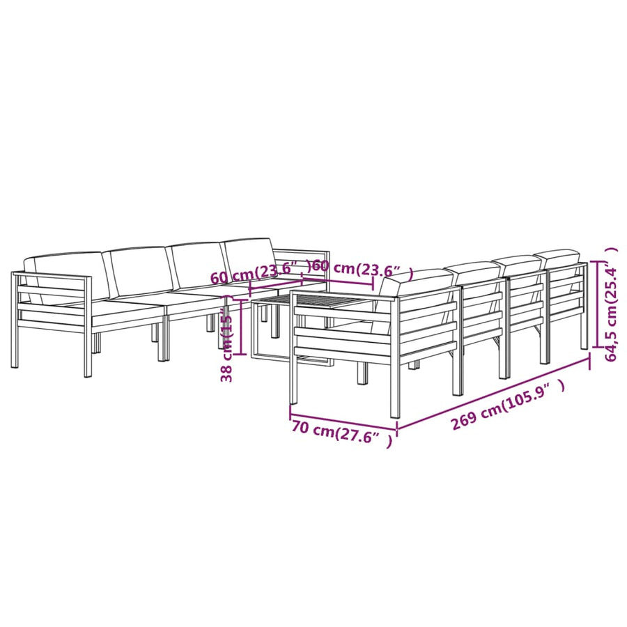 9-Delige Loungeset Met Kussens Aluminium Antracietkleurig 4x hoek + 4x midden + Tafel