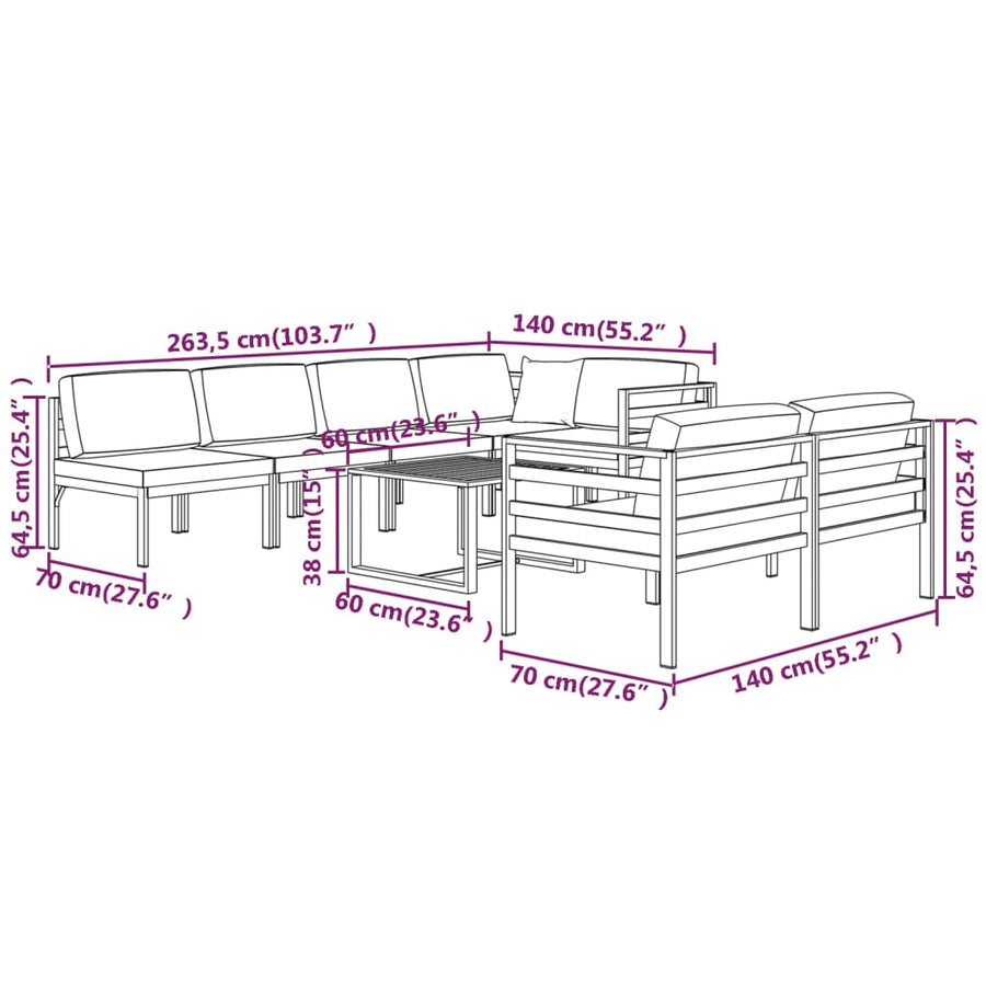 8-Delige Loungeset Met Kussens Aluminium Antracietkleurig 4x hoek + 3x midden + Tafel