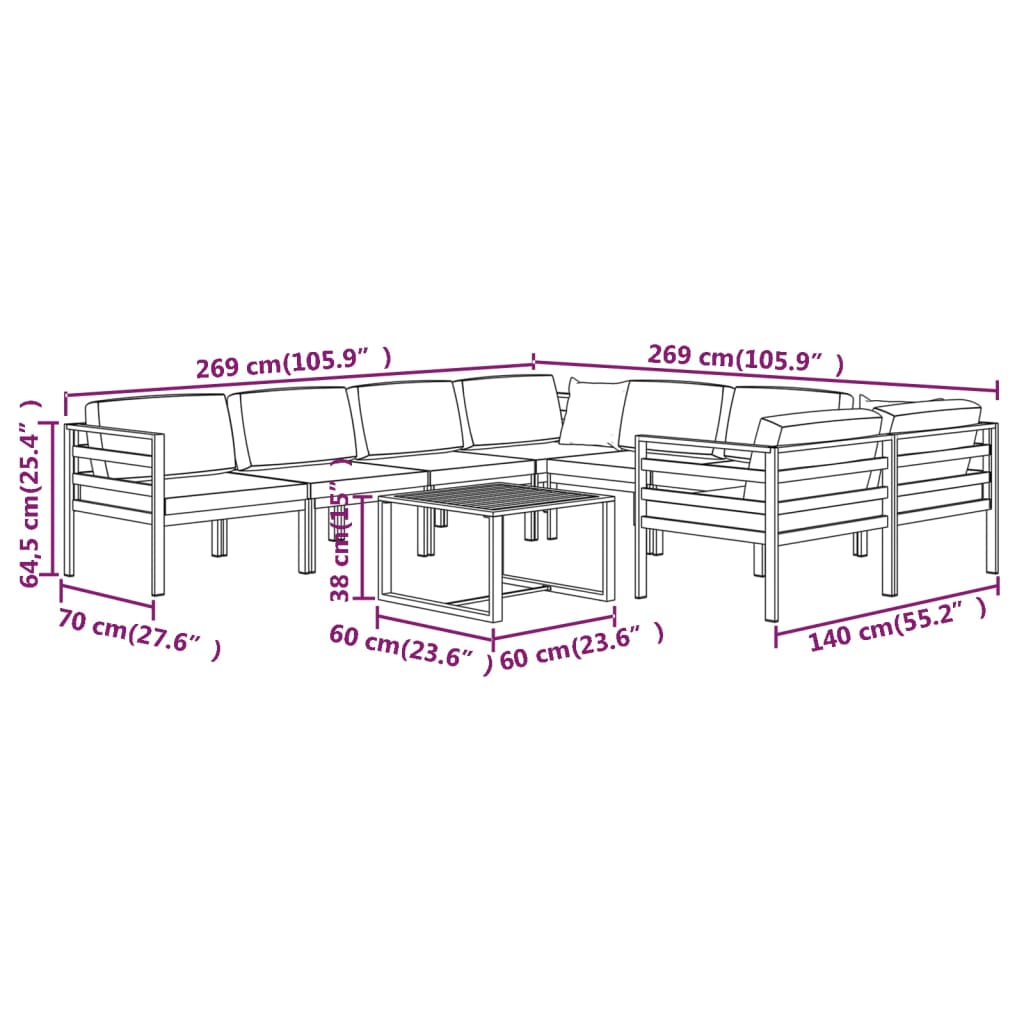 9-Delige Loungeset Met Kussens Aluminium Antracietkleurig 4x hoek + 4x midden + Tafel