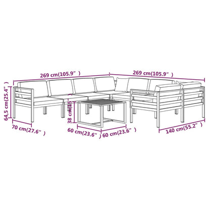 9-Delige Loungeset Met Kussens Aluminium Antracietkleurig 4x hoek + 4x midden + Tafel