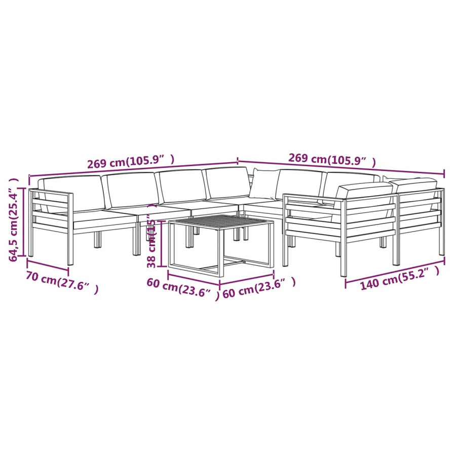 9-Delige Loungeset Met Kussens Aluminium Antracietkleurig 4x hoek + 4x midden + Tafel
