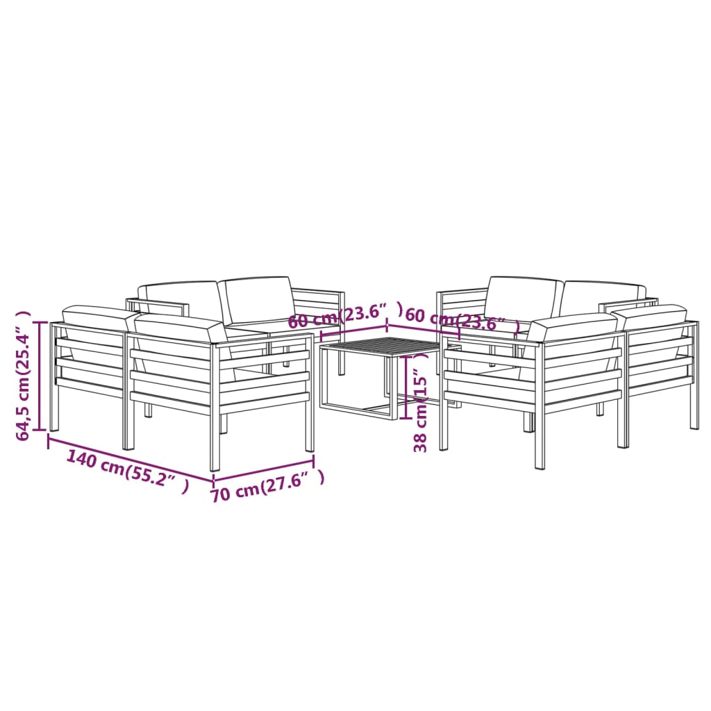 9-Delige Loungeset Met Kussens Aluminium Antracietkleurig 8x hoek + Tafel