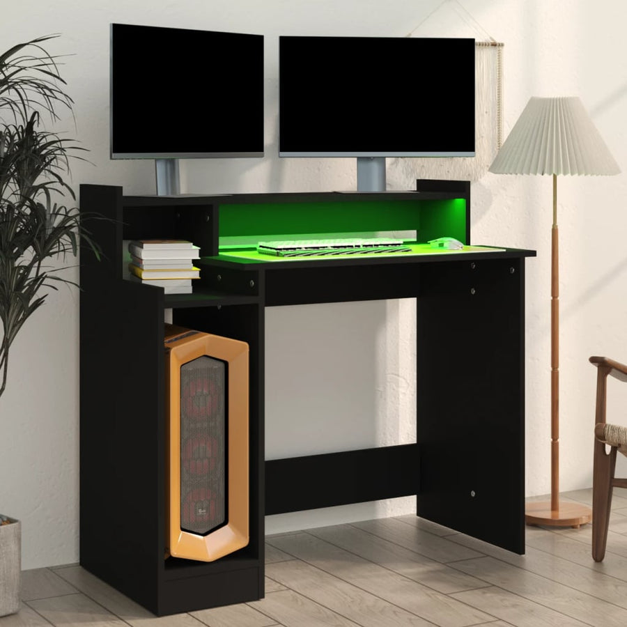 Bureau met LED-verlichting 97x45x90 cm bewerkt hout zwart