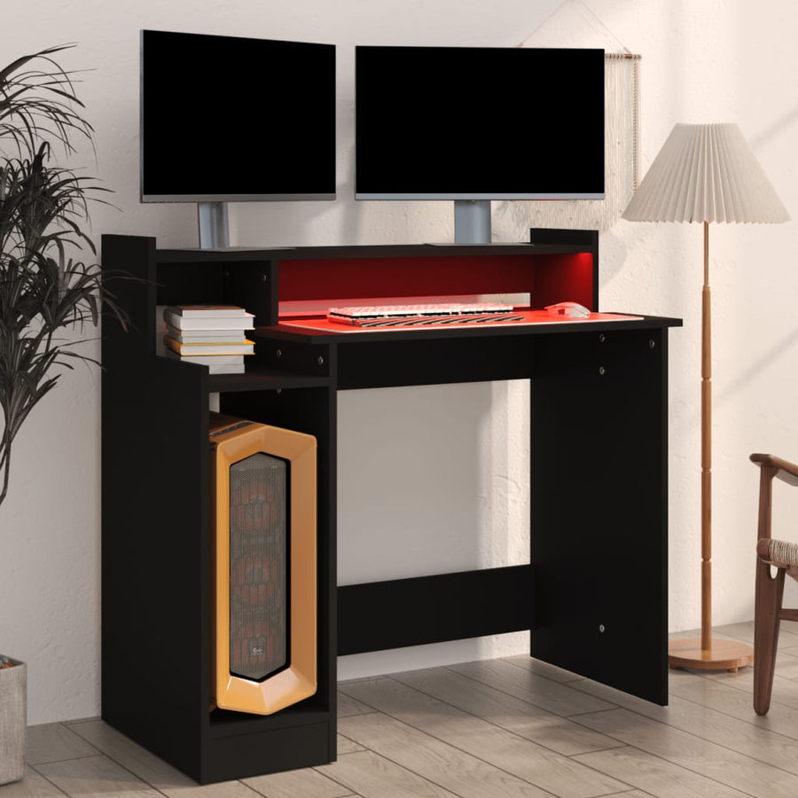 Bureau met LED-verlichting 97x45x90 cm bewerkt hout zwart