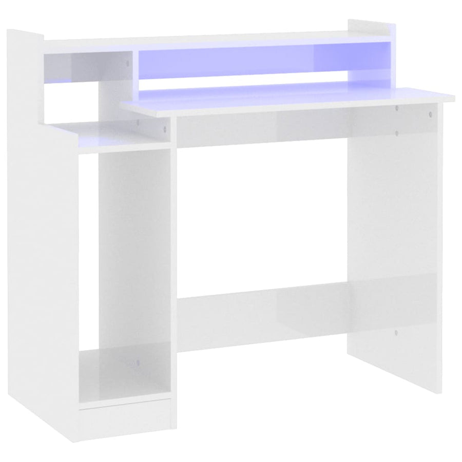 Bureau Met Led-Verlichting 97X45X90 Cm Hout Hoogglans Wit