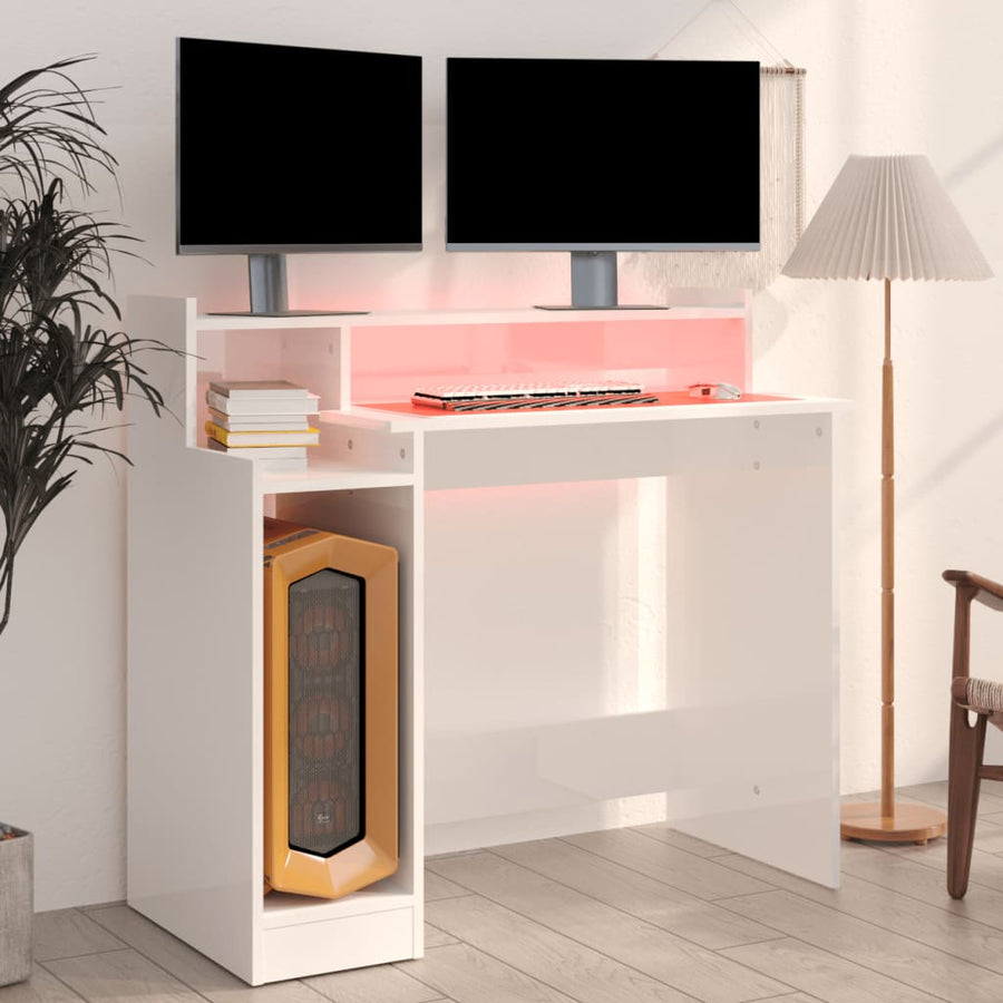 Bureau Met Led-Verlichting 97X45X90 Cm Hout Hoogglans Wit