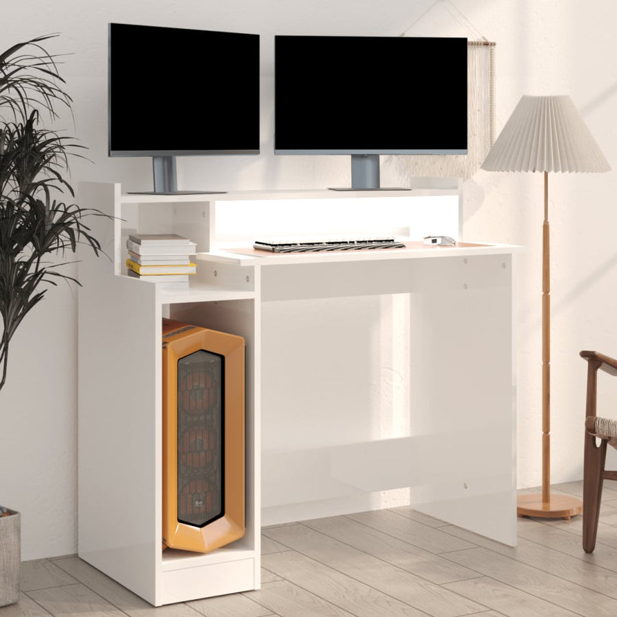 Bureau Met Led-Verlichting 97X45X90 Cm Hout Hoogglans Wit