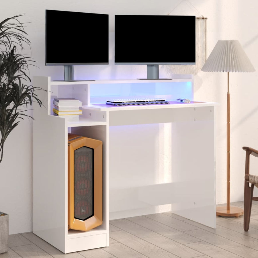 Bureau Met Led-Verlichting 97X45X90 Cm Hout Hoogglans Wit