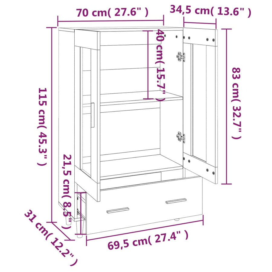 Hoge Kast 70X31X115 Cm Bewerkt Hout Kleurig Sonoma eiken