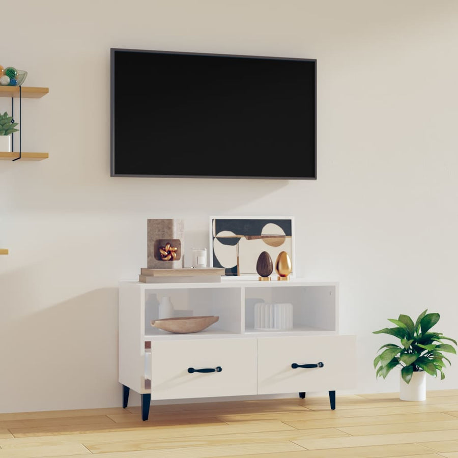 Tv-Meubel 80X36X50 Cm Bewerkt Hout Hoogglans wit