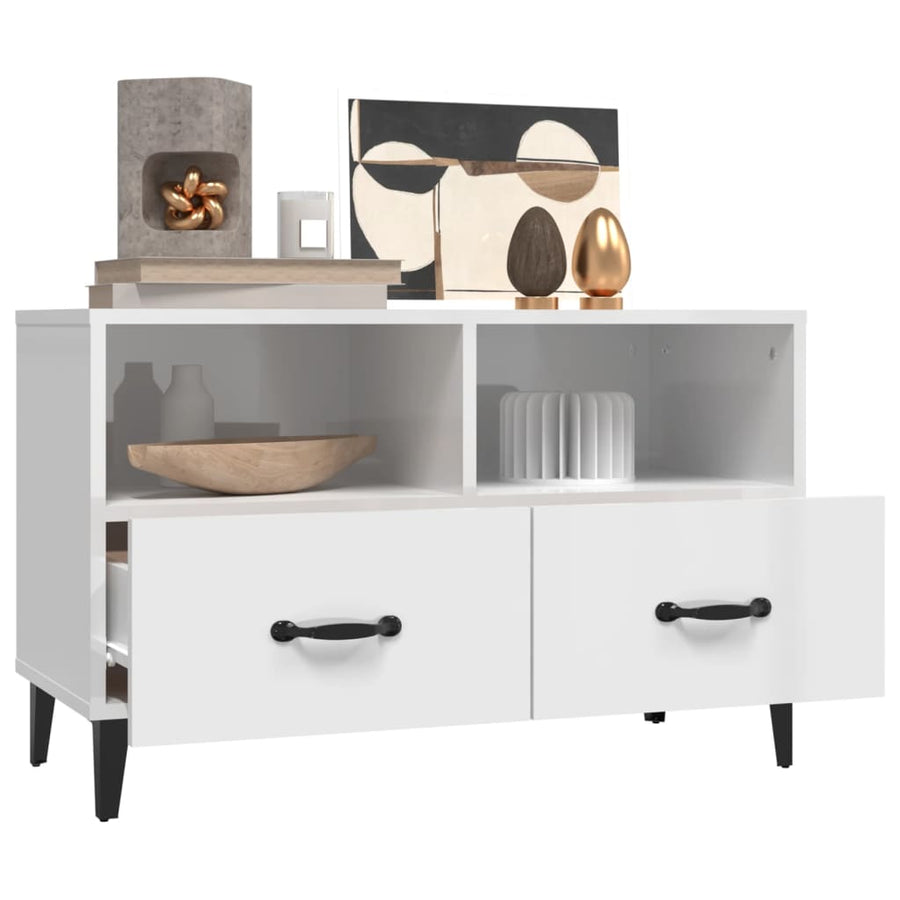 Tv-Meubel 80X36X50 Cm Bewerkt Hout Hoogglans wit