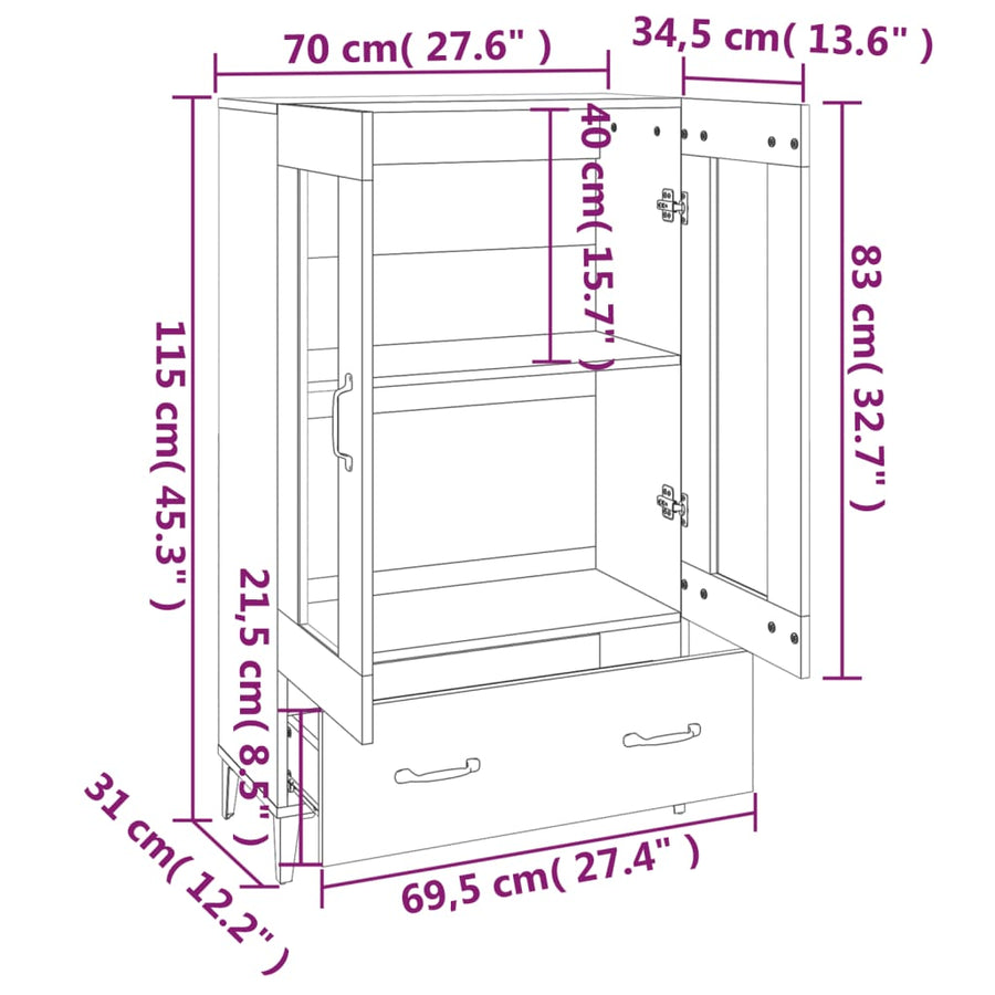 Hoge kast 70x31x115 cm bewerkt hout grijs sonoma eikenkleurig