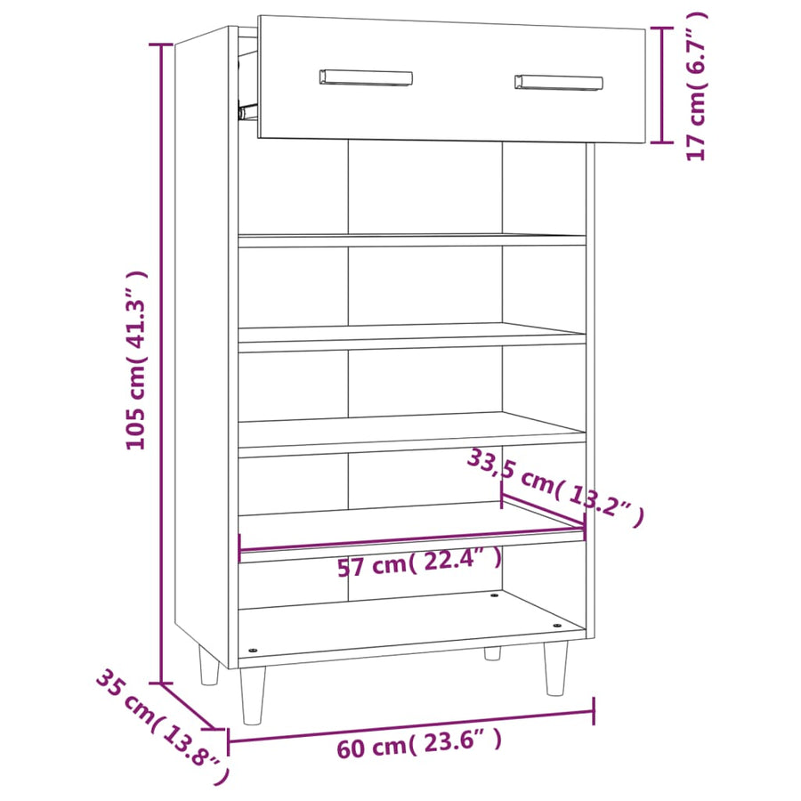 Schoenenkast 60x35x105 cm bewerkt hout grijs sonoma eikenkleur