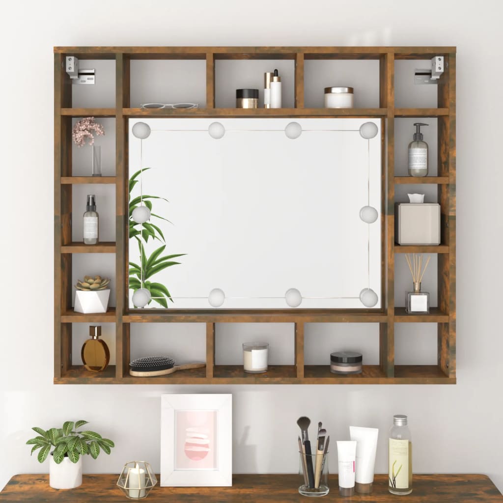 Spiegelkast Met Led-Verlichting 9X5X76,5 Cm Gerookt eiken