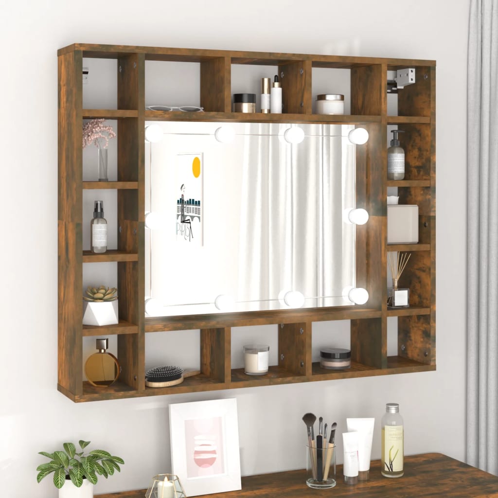 Spiegelkast Met Led-Verlichting 9X5X76,5 Cm Gerookt eiken