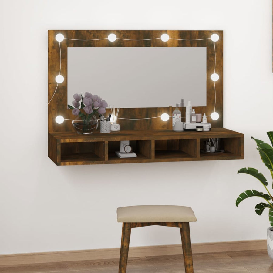 Spiegelkast Met Led-Verlichting 90X3,5X62 Cm Gerookt eiken