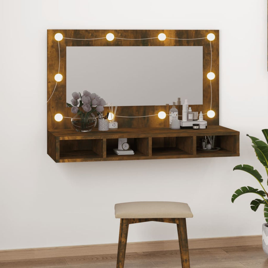 Spiegelkast Met Led-Verlichting 90X3,5X62 Cm Gerookt eiken