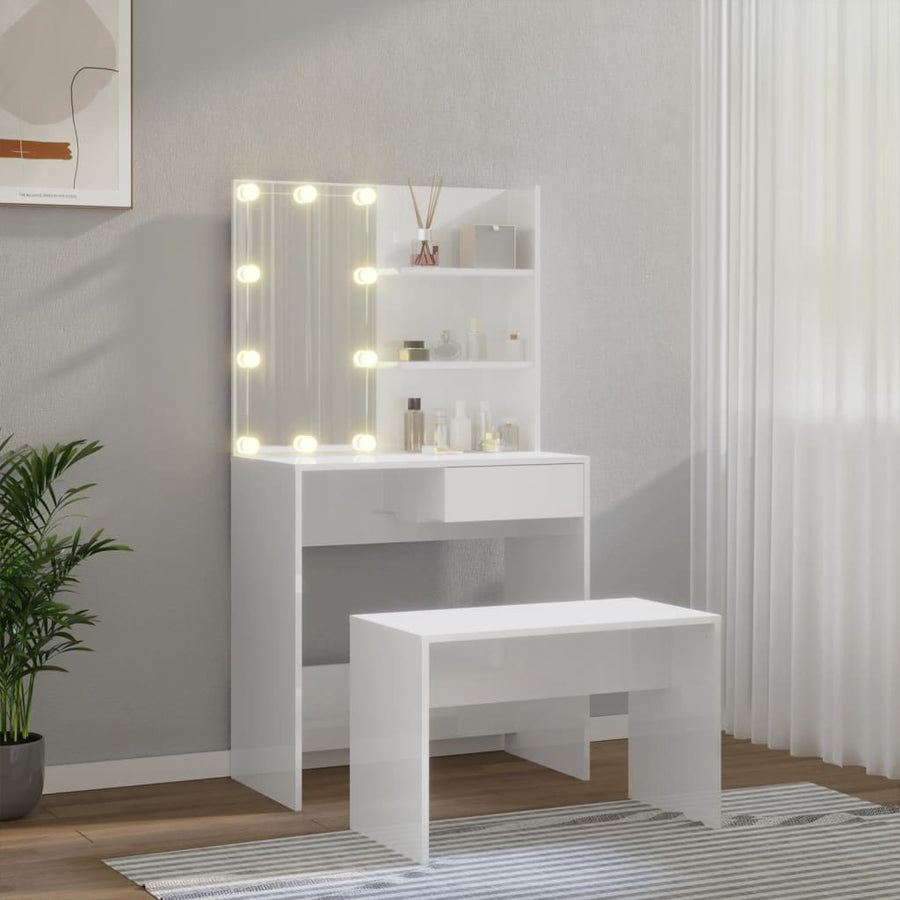 Kaptafelset met LED's bewerkt hout hoogglans wit 74.5 x 40 x 141 cm Hoogglans wit