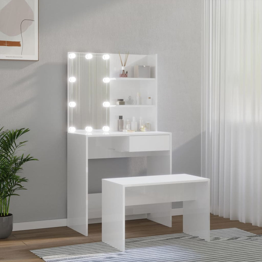 Kaptafelset met LED's bewerkt hout hoogglans wit 74.5 x 40 x 141 cm Hoogglans wit