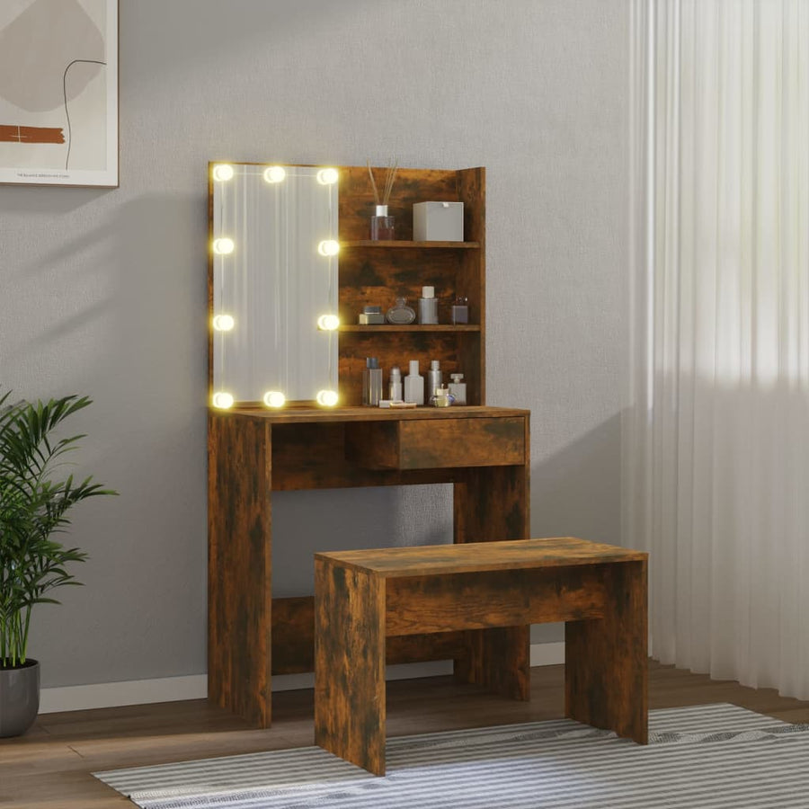 Kaptafelset met LED's bewerkt hout gerookt eiken 74.5 x 40 x 141 cm Gerookt eiken