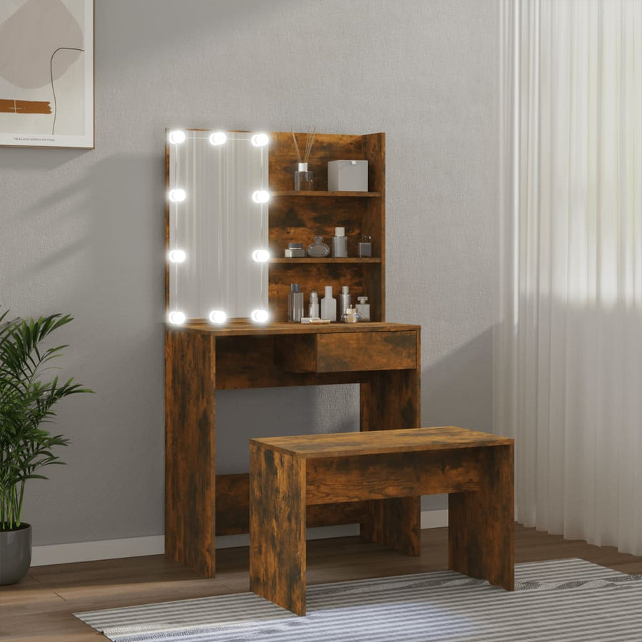 Kaptafelset met LED's bewerkt hout gerookt eiken 74.5 x 40 x 141 cm Gerookt eiken