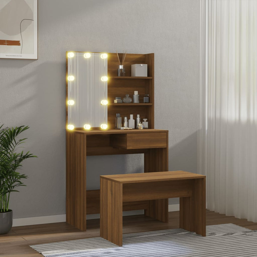 Kaptafelset met LED's bewerkt hout bruineiken 74.5 x 40 x 141 cm bruin eikenkleur